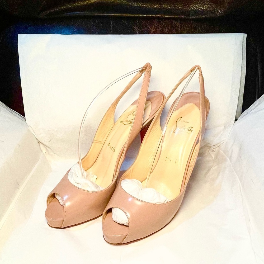 Christian Louboutin NoPrive 120 nude patent kid leather Peep slingback pump 39.5 - Picture 8 of 11